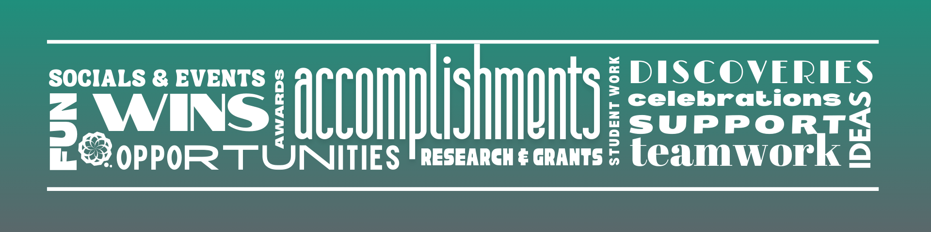 Red and white gradient background with white text displaying newsworthy themes such as, "events, opportunities, awards"